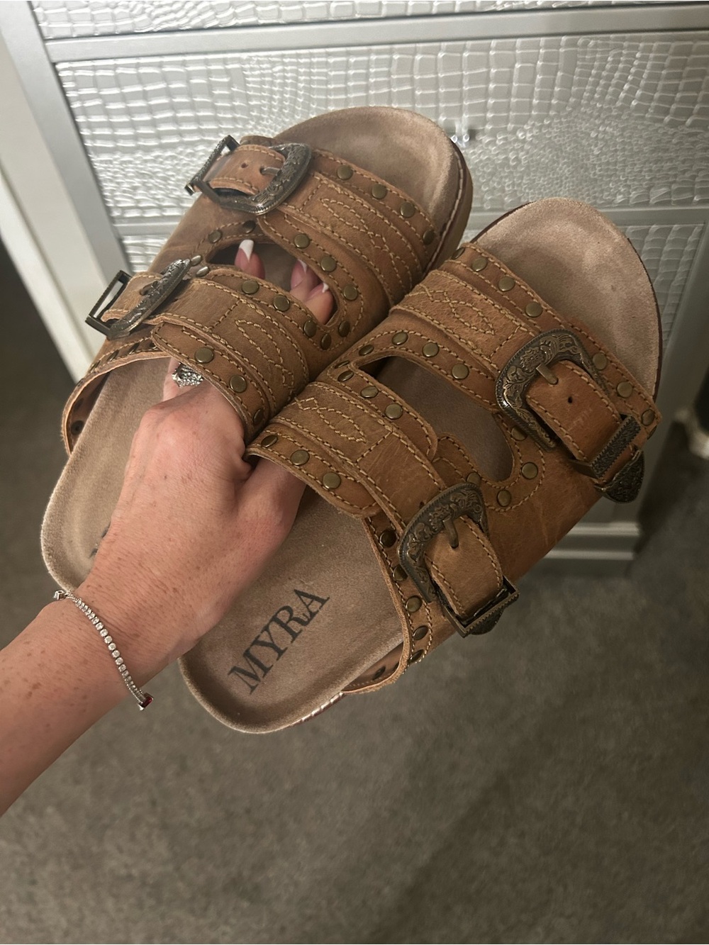 MYRA Brown Studded Triple-Buckle Slide Sandals